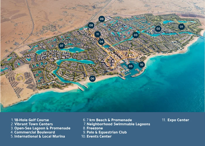 Master plan map showing key amenities and landmarks of Alam Elroum North Coast Egypt including golf course marina and lagoons.